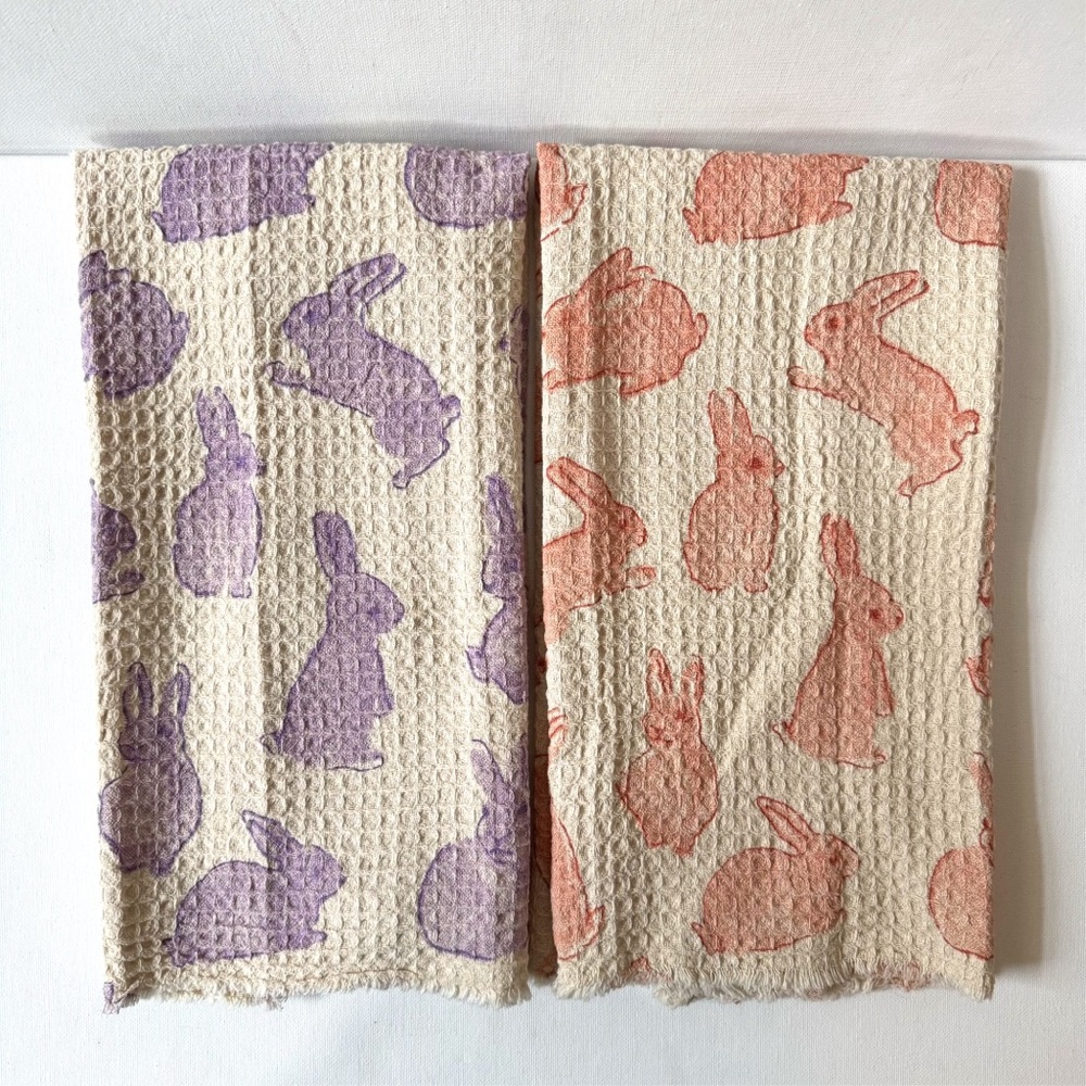 Rachel Ashwell Farmhouse Waffle Weave Bunny Rabbit Kitchen Towel Set Purple Pink